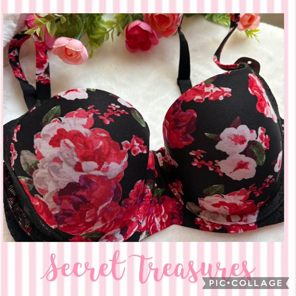 NWT SECRET TREASURES-34D Black/Red Floral Lined Bra